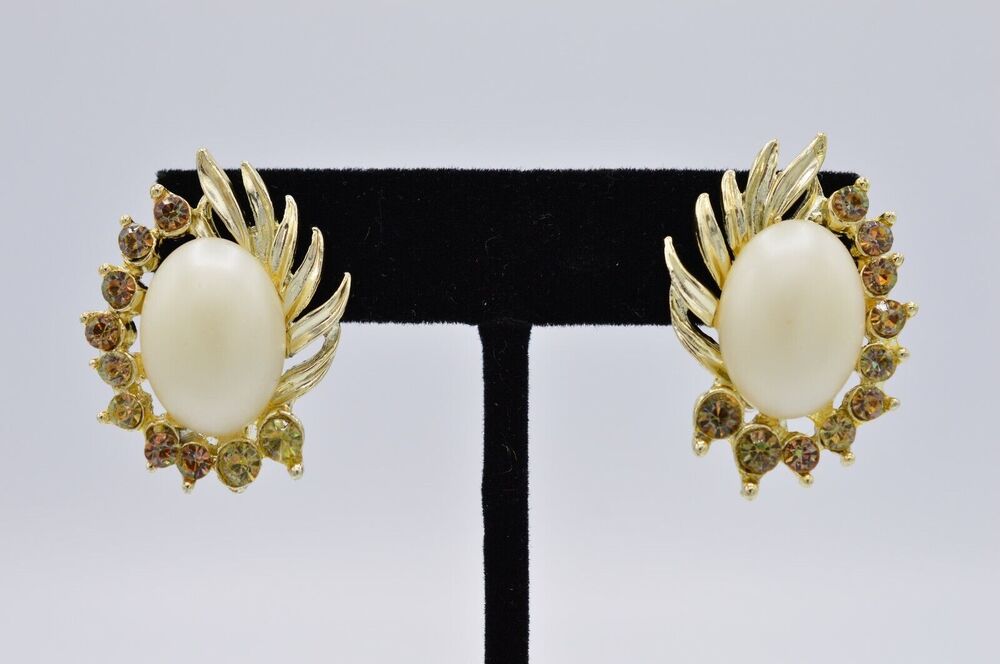 Vintage Rhinestone Crystal Pearl Flower Clip On Earrings Multi-Color 1980s BinW